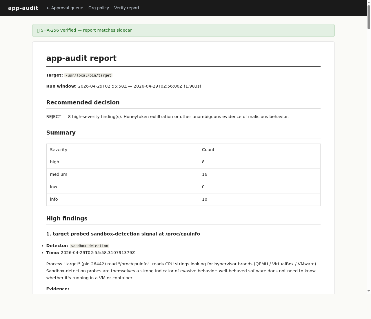 Full audit report with REJECT verdict and severity summary