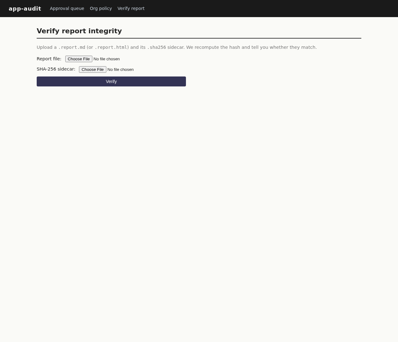 Report integrity verifier with SHA-256 sidecar upload