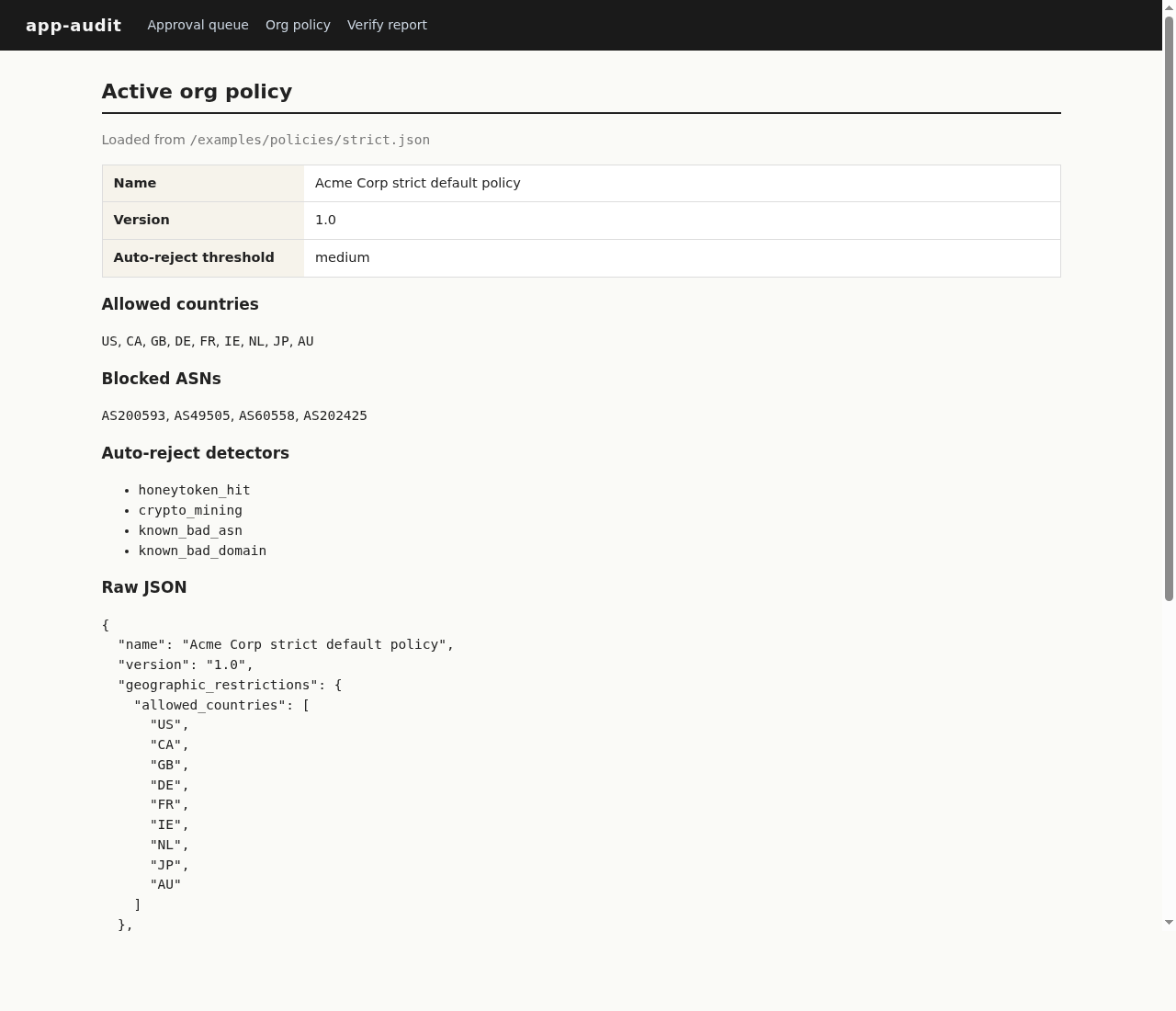 Organization policy editor showing geo restrictions and auto-reject rules